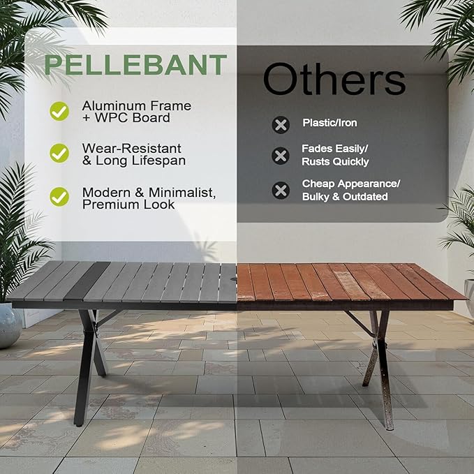 Pellebant 118" Outdoor Dining Table for 8-12 Person, Aluminum Patio Dining Table with Umbrella Hole, Waterproof Wood-Like Tabletop for Lawn Garden Backyard, Grey