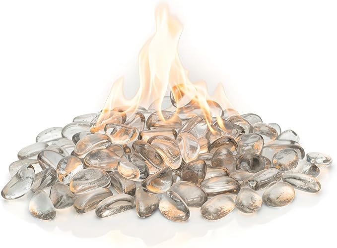 Kinger Home 10-Pound Fire Pit Glass Beads Pebbles Stones Reflective Oval Rocks for Natural or Propane Fire Pit and Landscaping Decorative, Clear