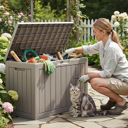 45 Gallon Deck Box, Small Outdoor Storage Box Waterproof, UV-Resistant and Weatherproof Outside Resin Storage Bin for Outdoor Patio Furniture Pillows, Pool Supplies, Garden Tools, Light Brown