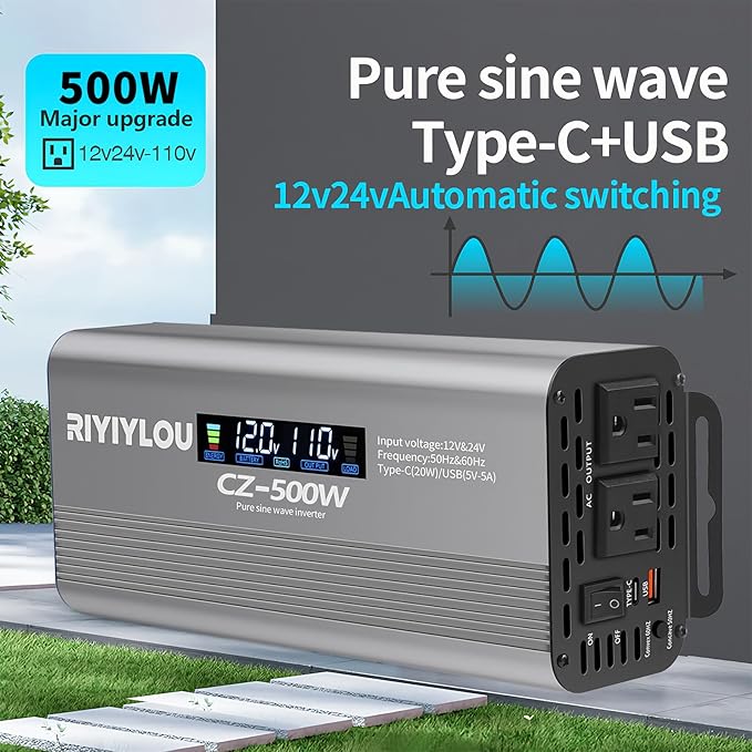 500W Pure Sine Wave Inverter (1000W Peak), 12V/24V Auto-Detect, 50Hz/60Hz Switchable, LCD Display, Type-C Fast Charging, Silent Design, Overload & Overheat Protection for RV, Home (500W)