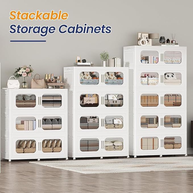 800QT Large Stackable Storage Bins with Lid, 200Gal Plastic Collapsible Closet Organizers Drawers Box with Wheels, Folding Cabinet Containers with Doors for Home Kitchen Office, 4Pack White