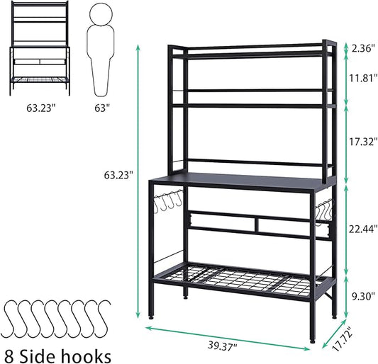 63" H Outdoor Metal Garden Potting Bench&Table with Metal Tabletop, 4-Tier Plant Shelf Rack, 8 Side Hooks, Outdoor/Indoor Gardening Workstation and Plant Stand, Black