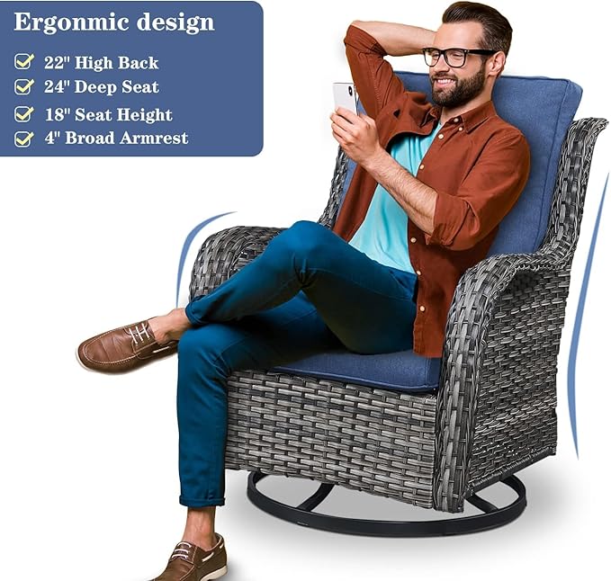 Belord Wicker Patio Furniture Sets - 8 Piece Rattan Outdoor Furniture Conversation Sets with 4 Swivel Rocker Chairs, Rattan Sofa, Wicker Ottomans and Coffee Table, Mixed Grey/Blue