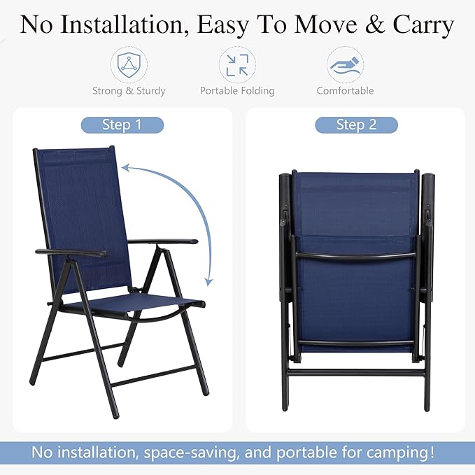 Sophia & William 7 Pieces Patio Dining Set with 13ft Beige Umbrella, Folding Outdoor Dining Chairs for 6, Rectangular Metal Patio Table and Sling Chairs Set, Blue