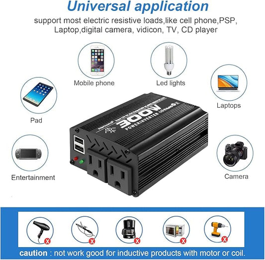 300W Power Inverter DC 12V to 110V AC Car Inverter with 4.2A Dual USB Car Adapter