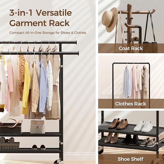 Double Rods Clothes Racks , Rolling Clothing Rack for Hanging Clothes with Wheels & Shelves，Portable Garment Coat Wardrobe Rack for Bedroom,Laundry living Room ,16.93″ L × 39.37″ W × 63.78″ H,Black