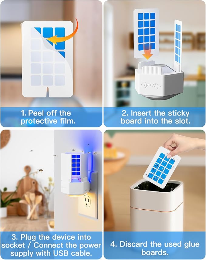 Plug-in Fly Trap Indoor with Three-Sided Glue Board, 2 in 1 Gnat Traps for House Indoor with UV & Night Light, Flying Insect Trap for House & Fruit Flies (1 Device + 6 Glue Boards) (White)