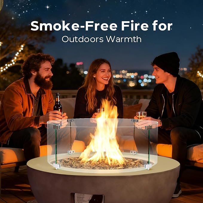 31.5inch Round Propane Fire Pit Table with Tank Cover Wind Guard, 3 Pieces Outdoor Natural Gas Firepit Set 50,000 BTU Concrete Fire Bowl for Outside Patio, Deck, Backyard, Garden, Gray