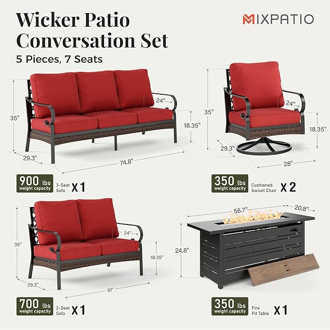 Patio Furniture Set with Firepit Table, Black Frame Outdoor Conversation Set with 2 x Swivel Chairs, 1 x 2-Seat Sofa, 1 x 3-Seat Sofa for Lawn Garden Backyard, Red