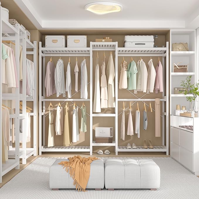 Homykic Bamboo Closet System Clothes Rack, Large Freestanding Garment Rack Clothing Rack for Hanging Clothes with 7 Storage Shelves and 5 Rods, Open Wardrobe Organizer with 4 Hooks, White