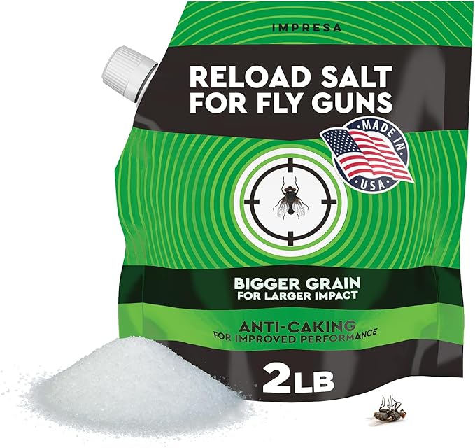 Impresa 2 lb Fly Shooter Refill Salt Compatible with Bug A Salt 3.0 Large-Grain Non-Caking Crystals for Fly Gun Reloads - Classic White Bag, Easy-Pour Spout for Bug Shooter Reloads