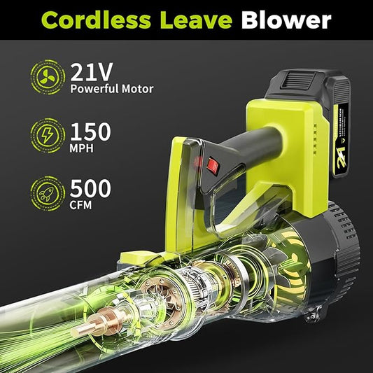 for Men Cordless Leaf Blower 21V: 500CFM 150MPH Electric Leaf Blower with 4.0Ah Battery & Fast Charger, 6-Speed, Lightweight 3.7lbs for Lawn, Patio, Yard, Garage Cleaning (Green)