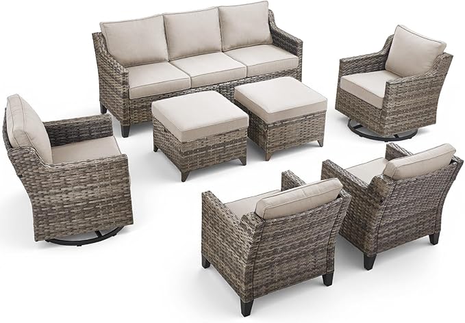 Wicker Patio Furniture Set-7 PieceAll Weather Outdoor Conversation Sets Sectional Sofa with Wicker Swivel Rocker Patio Chairs, Thick Cushions Ottomans for Porch Balcony Patio Deck Grey/Beige