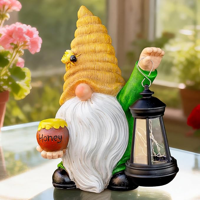 WONDHOME 12.3''Solar Garden Gnomes Outdoor Decor Honey Bee jar Gnome Statues with LED Lantern Xmas Patio Lawn Yard Art Decoration Birthday Christmas Gardening Gifts for Mom Dad, Bee Gnome