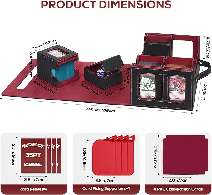 Trading Card Storage Box for MTG, MTG commander deck box，Multi-purpose Deck Case for MTG TCG Sports Card, 4 Toploaders, 4 Stoppers, 4 Colorful Dividers (Black & Red)