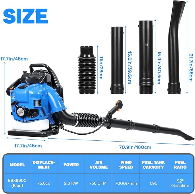 Reheyre 75.6CC Backpack Leaf Blower, 750CFM 205MPH 4-Stroke Engine Gas Leaf Blower Back Pack Leaf Blowers Gas Leaf & Snow Blower for Lawn, Garden & Commercial Use Blue BBX9900