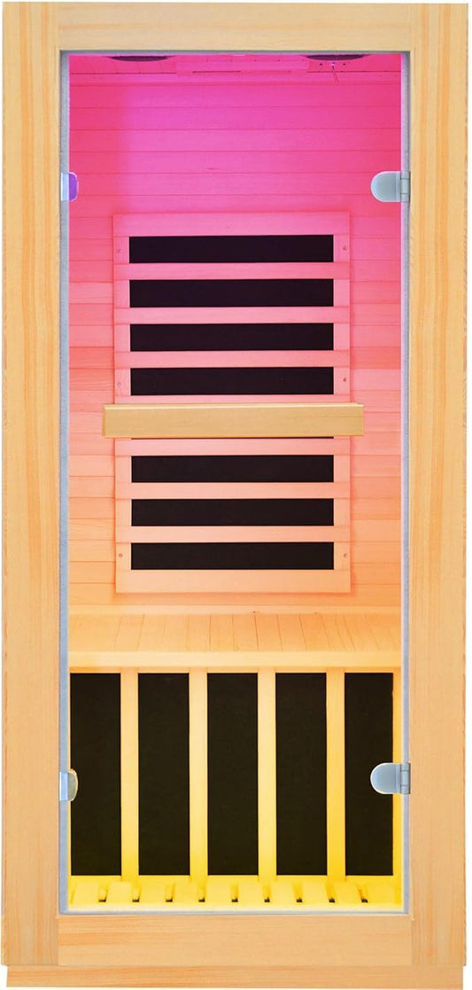 One/Single Person Sauna Far Infrared Wood Saunas Room with 5-Color Light Red Light Therapy Home Wood Spa Dry Saunas 900W /110V Spa Beauty of Natural Wood 27.6"x35.2"x61.6"
