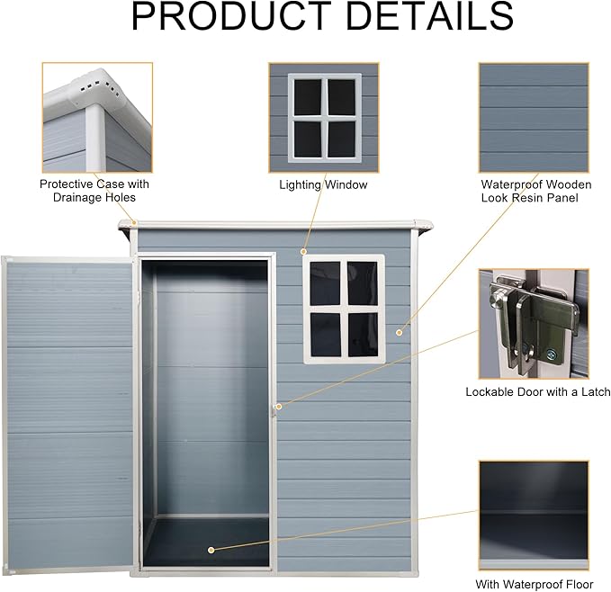 Storage Shed 5x3 ft Outdoor Storage Shed with Floor, Lean to Resin Shed with Window, Lockable Door Plastic Tool Sheds, Waterproof Shed for Garden, Patio, Backyard, Yard, Lawn, Grey