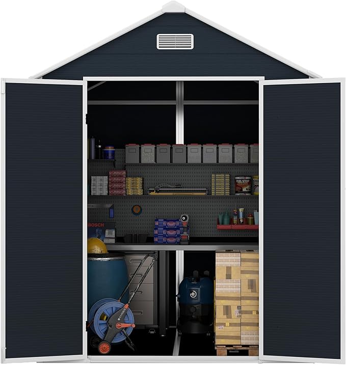 6X6 FT Resin Outdoor Storage Shed, Plastic Garden Sheds with Waterproof Roof & Air Vent,Outside Patio Storage House Tool Shed with Window &Lockable Door for Backyard, Lawn, Dark Grey
