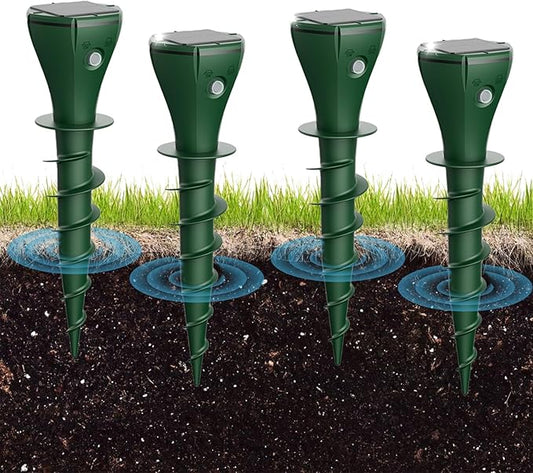 4 Pack Solar Powered Mole Repellent, Ultrasonic Snake Repellent Outdoor, IP65 Waterproof Gopher Vole Deterrent, Rats, Squirrels, Groundhog Repeller for Yard Garden Lawn, Safe for Kids and Pets