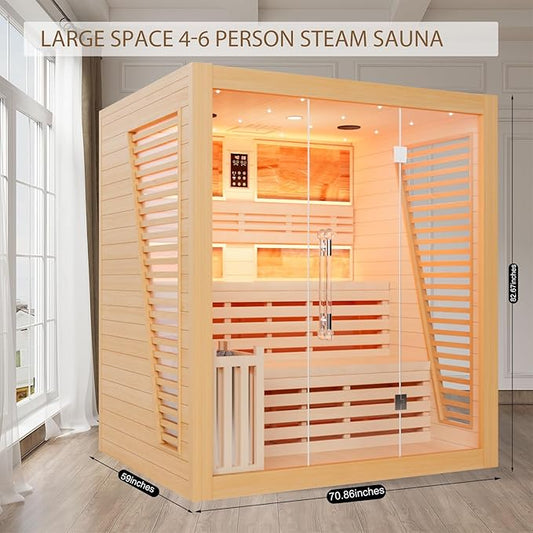 Smartmak Wood Home Steam Sauna, WiFi Control 6 Person Canadian Hemlock Traditional Luxurious Wooden Indoor Spa Room, with 6 kw Heater, Speaker, Rocks, Water Bucket, Spoon, Sky Lights