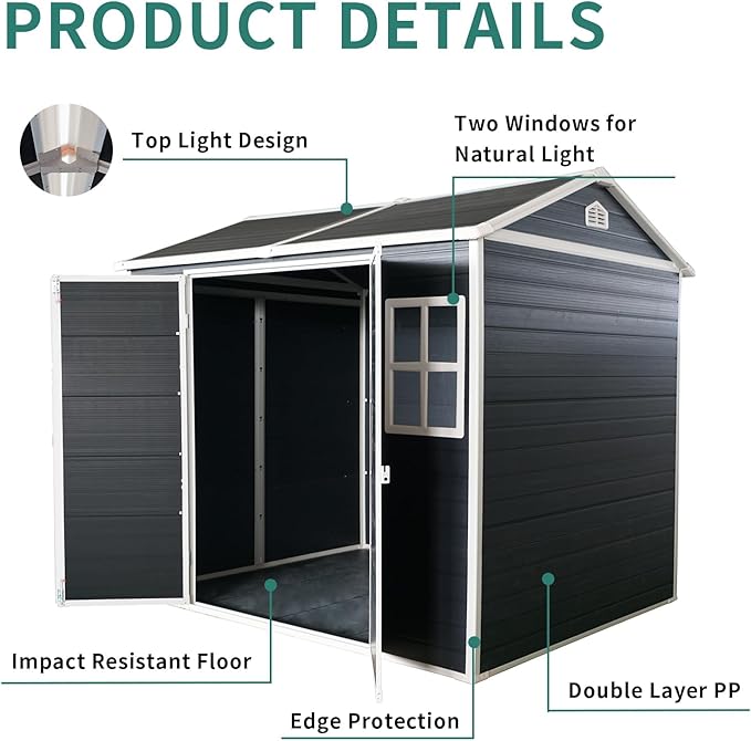 8x4 FT Outdoor Storage Shed,Waterproof Resin Garden Shed with Windows, Lockable Doors, and Sloped Roof,Tool Storage for Patio, Backyard, Lawn, Black