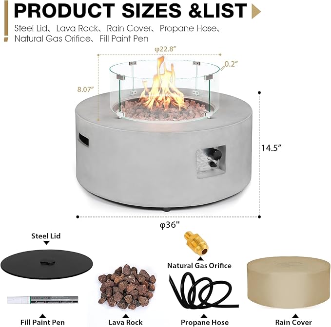 36inch Round Concrete Fire Pit Table with Glass Wind Guard Propane 50,000 BTU Outdoor Fire Table Modern Firepit CSA Certification Gas Firepits with Steel Lid, Rain Cover for Backyard, Deck