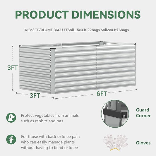 FOOWIN 2pcs 6x3x3ft Galvanized Raised Garden Bed, Planter Raised Garden Boxes Outdoor, Large Metal Raised Beds for Gardening, Garden Bed for Vegetables, Flowers, Herb, Silver