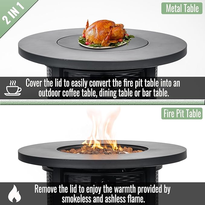 Propane Fire Pit Table, 30 Inch Steel Firepits for Outside, Round Gas Fire Pit for Outside Patio, Propane Fire Table for Patio, Backyard, Pool, 50,000 BTU, Tank Inside, Black