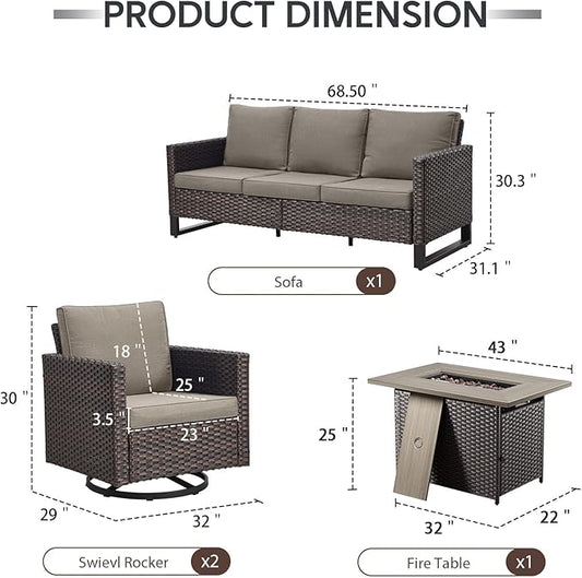 4 Piece Wicker Patio Furniture with Fire Pit Table - Outdoor Conversation Set with 50,000 BTU Fire Pit, All Weather Rattan Patio Set for Deck Backyard Garden - Brown Wicker Grey Cushion