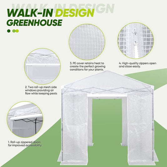 EAGLE PEAK Replacement Cover for 8x8 Portable Walk-in Pop up Greenhouse, Front and Rear Roll-Up Zipper Entry Doors and 2 Large Roll-Up Side Windows (Frame Not Included), White