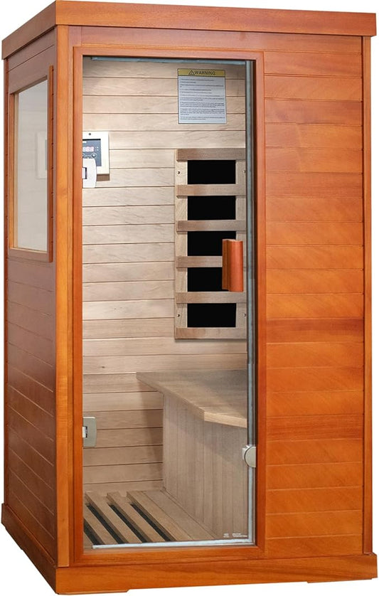 RIGO Far Infrared Sauna for Home Dry Sauna for Home Wood Sauna Room 1 Person Infrared Sauna Indoor One Person Sauna Low EMF Okoume Wood Sauna with Control Panel, Speakers and Tempered Glass Door