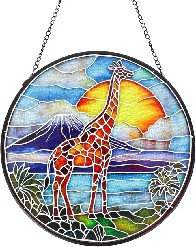 Wkyqes Giraffe Handmade Stained Glass Window Hanging Suncatcher with Chain - 7.9" Outdoor/Indoor Art Decor for Home Garden, Wedding, Mother's, Valentine's & Christmas Ornaments Present Gifts