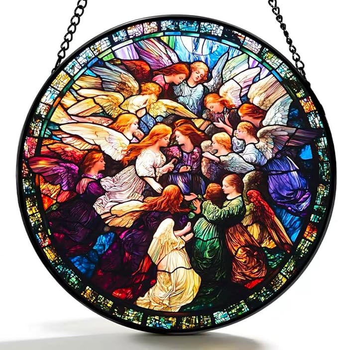 Argodaze Stained Glass Window Hanging - Angel Girl Embraces The World Suncatcher fof Garden Home Decor for Women Mon Grandma Friends
