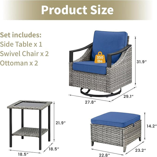 5 Pieces Patio Furniture Set - High Back Outdoor Swivel Rocker Chairs with Thick Cushions 2 Ottoman and Side Table, Wicker Patio Conversation Sets for Porch Deck Garden Backyard Gray/Blue