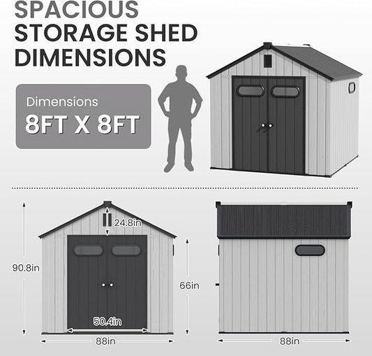CRESTLIVE 8x8 FT Rust-Resistant Plastic Outdoor Storage Shed, Waterproof Resin Garden Shed with Floor, Doors, Skylight & Vent for Lawn Tools & Bikes