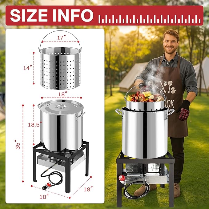 80QT Stainless Steel Crawfish Boiler | Seafood Boiling Kit | Cover & 18" Skimmer Included | 110,000BTU Propane Jet Burner | 20 PSI CSA Certified Regulator | Crab Boil Pot for Outdoor Backyard Cooking