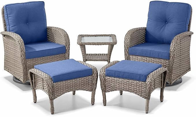 Belord 5 Pieces Wicker Patio Furniture Set - Swivel Rocker Outdoor Chairs with Ottomans and Side Table, Small Patio Conversation Set for Porch Deck Backyard