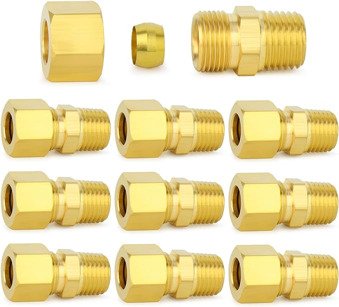 ChillWaves Brass Compression Tube Fitting, 5/16" OD x 1/4" NPT Male Compression Union Connector(10-PACK)