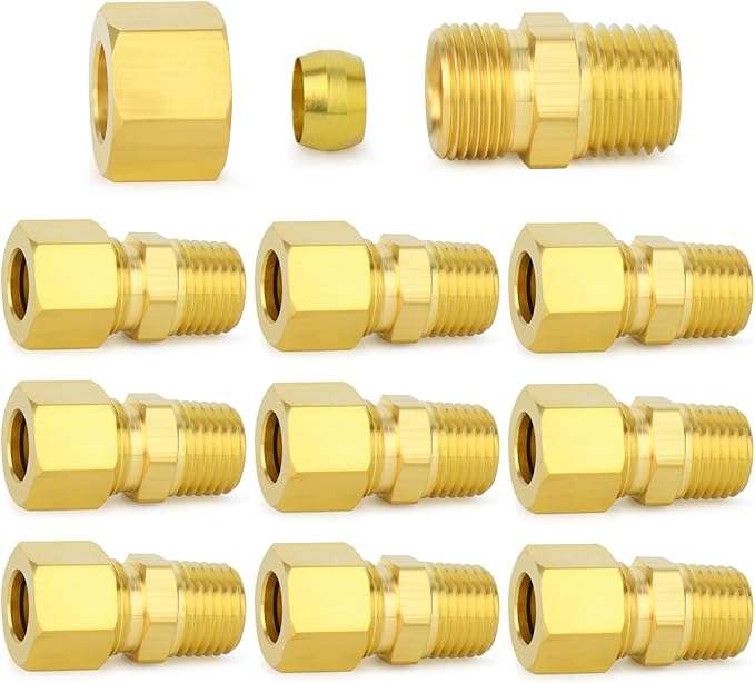 ChillWaves Brass Compression Tube Fitting, 3/8" OD x 1/4" NPT Male Compression Union Connector(10-PACK)