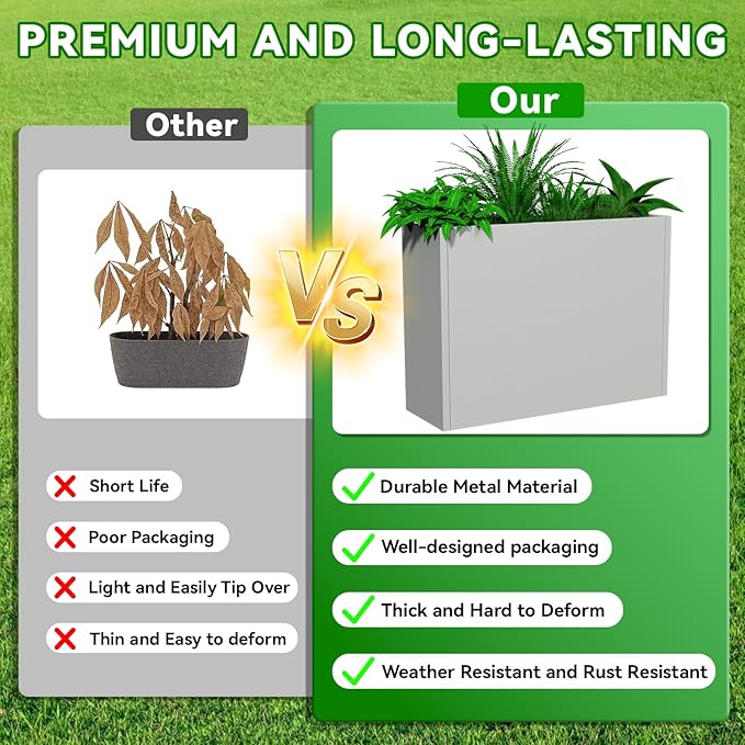 Tall Metal Planter Box, 36" L x 12" W x 26" H Large Outdoor Planters with Drainage & Adjustable Shelf, Heavy Duty Steel Rectangular Planter for Patio, Balcony, Indoor(Gray)