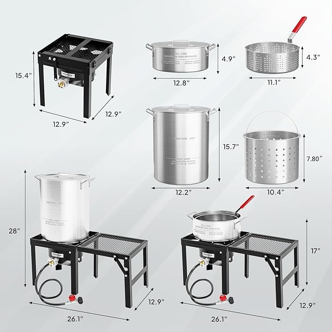 ROVSUN 30QT Turkey Fryer & 10QT Fish Fryer Kit w/ 55,000BTU Propane Stove, Aluminum Outdoor Deep Fryer & Seafood Boiler Steamer w/Baskets, Thermometer, Marinade Injector, Turkey Rack & Rack Lifter