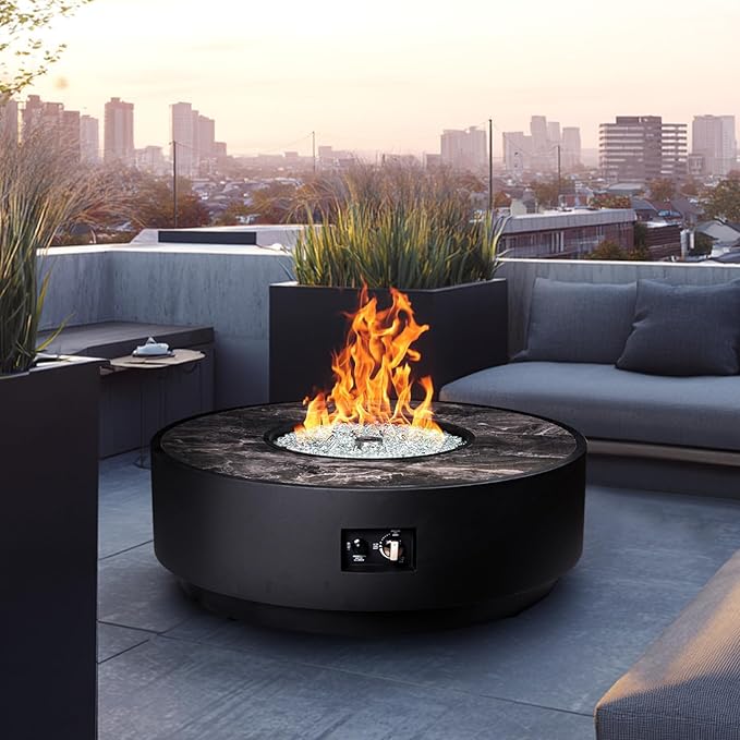 Outdoor Gas Fire Pit Table, 42 Inch 2 in 1 Propane Fire Table 65,000 BTU Black Round Firepit, Wind Guard for Garden, Deck, Backyard and Pool, Black