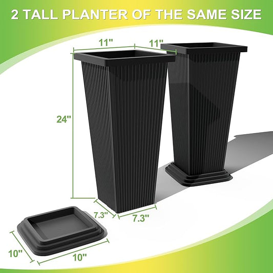 Set of 4 24" Tall Plastic Planters with Trays, Large Tapered Plant Pots for Indoor Outdoor Use, Modern Decorative Planters for Porch, Patio, Garden, and Backyard