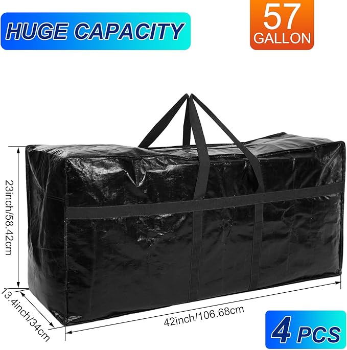 Windyun 4 Pack 57 Gallon Extra Large Storage Bags XXL Moving Bags with Zipper Handles Heavy Duty Jumbo Big Tote Box for Christmas Tree Storage 4, 5, 7.5, 9, 10, 12 ft Skeleton College Dorm(Black)