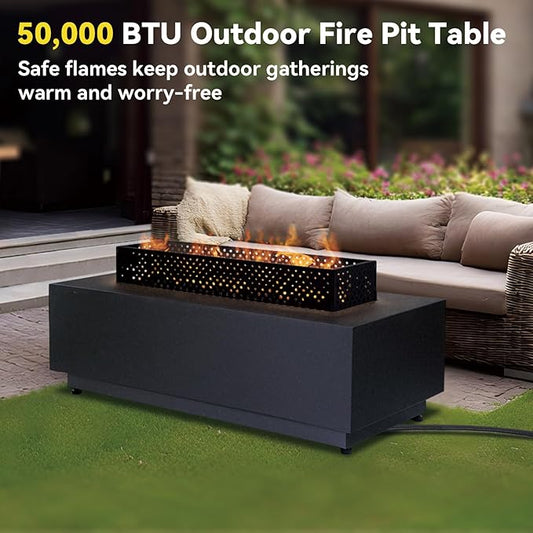42 Inch Propane Fire Pit Table, 3-Piece Outdoor Rectangular Fire Pit, 50,000BTU Gas Firepit for Outside Patio with Griddle, Wind Guard, Lid, Black