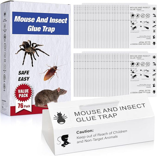 Mouse & Bugs Roach Spider Insect Traps, 76 Pack Glue Traps for Mice Ant Snake Rats, Sticky Pest Control Adhesive Tray for Catching, Sesame Oil Scent Non Toxic Pre-Baited Glue Boards Indoor Home