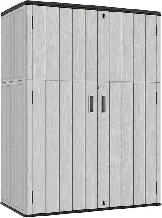 KINYING Outdoor Vertical Storage Shed,57 Cu.ft Outdoor Storage Cabinet Waterproof,Resin Sheds & Outdoor Storage Clearance for Garden,Patio,Backyard,Lockable (Grey)