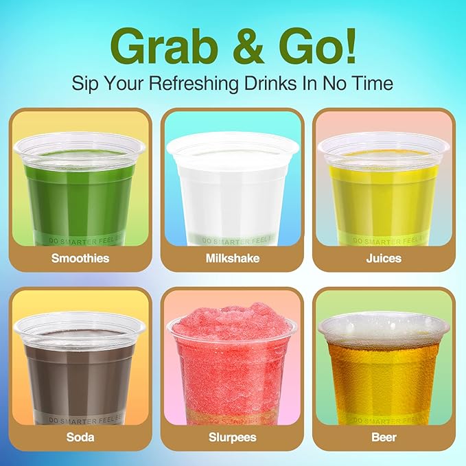 GREEVIRO Eco Compostable Plant-Based Clear Plastic Cups 12oz Thick, Reusable, Disposable Iced Coffee Cups for Smoothies, Beer & Any Beverages for Parties, Weddings & Gatherings