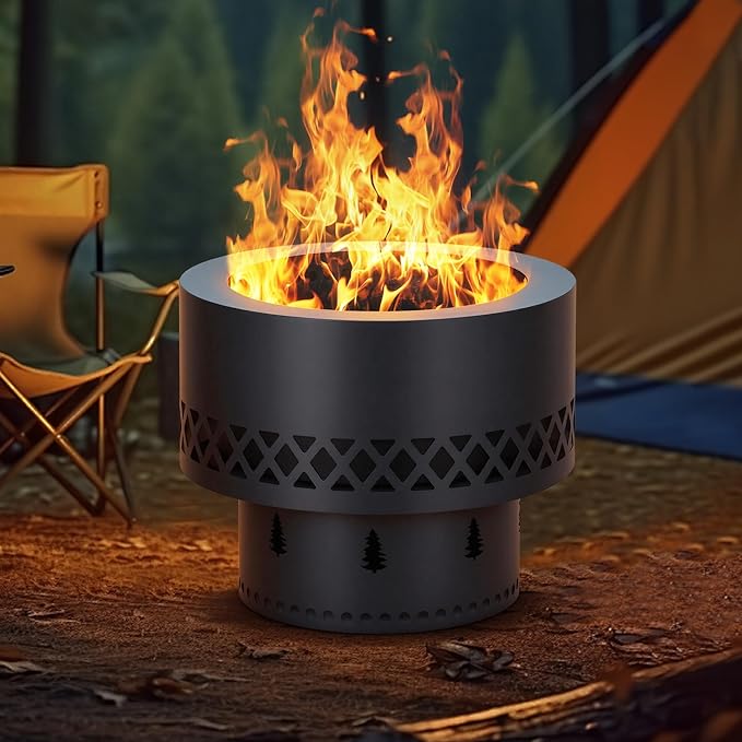 16In Smokeless Fire Pit - Wood Burning Firepit Table with Removable Ash Pan & Dust Bag, Outdoor Fireplace for Patio BBQ, Camping, Bonfire